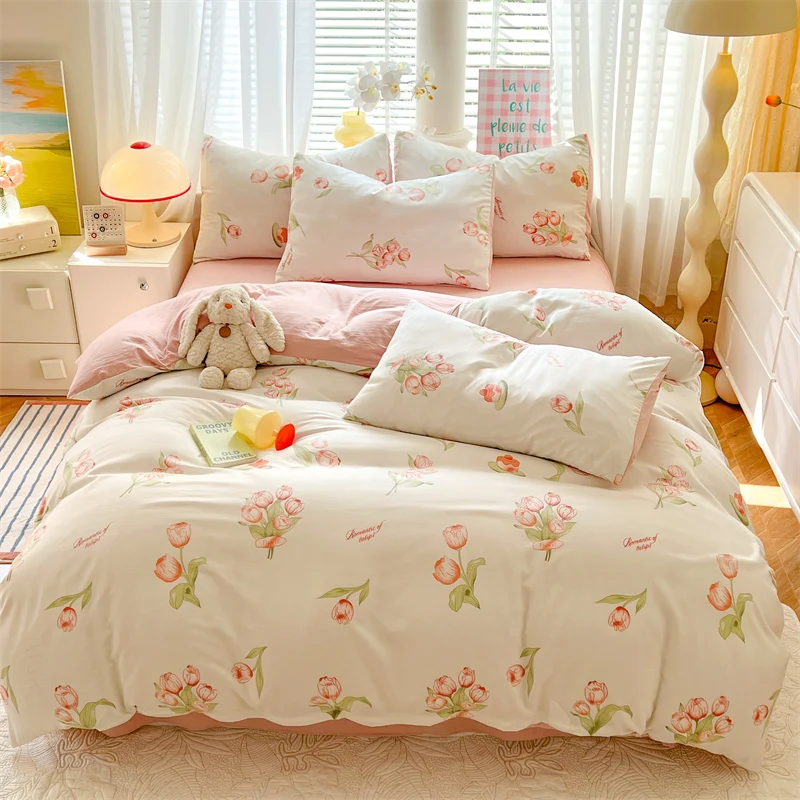 3pcs Pink Tulip Duvet Cover Set, Girls Women Bedroom Plant Flower Decoration Queen Bedding, Letter Printing King Comforter Cover