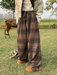 QWEEK Y2K Vintage Brown Plaid Pants Women Harajuku Retro 90s Wide Leg Checked Trousers Oversized Korean Fashion Sweatpants