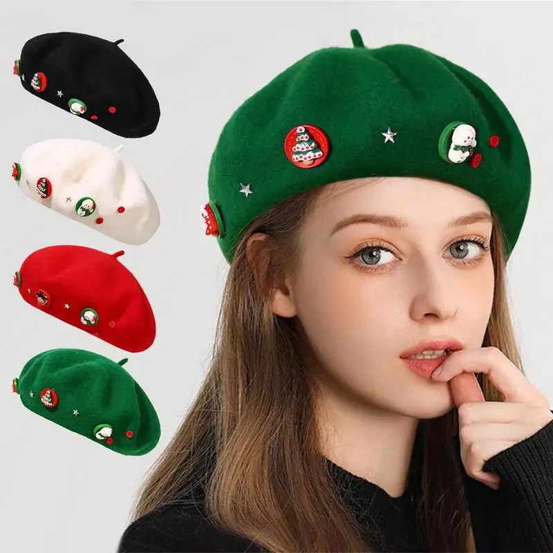 2025 Christmas Beret  Fashion Painter Hat  Women Winter French Beret Hat Artist Painter Hats Wool Beanie Hat for Kids Adults