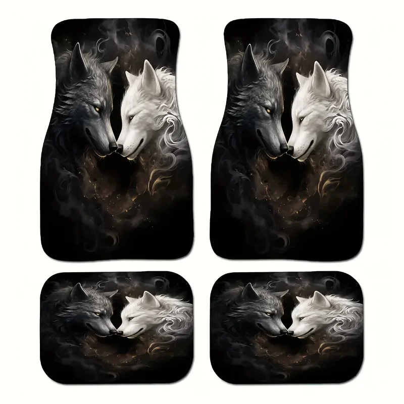 4Pcs Car Floor Mat Black And White Wolf Print Mystical Fantasy Style
