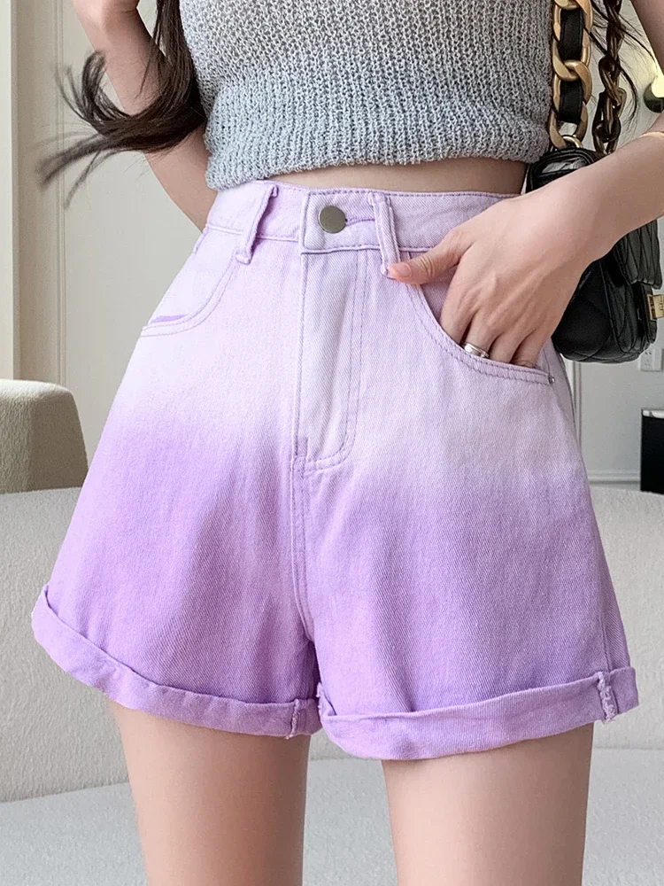 Purple Pink Denim Shorts Girls Summer New High Waist Rolled Jeans Shorts Female Hot Short Pants Streetwear Fashion