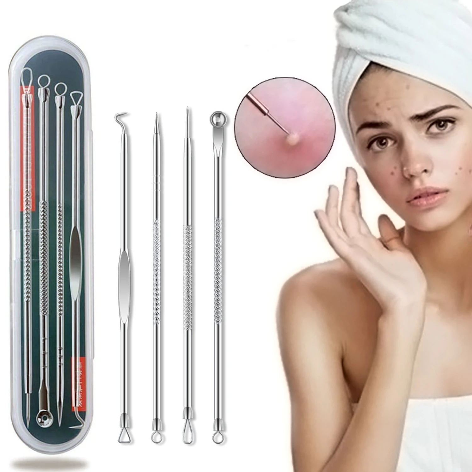 Kit de limpieza de poros para tratamiento del acné, juego de 4 piezas de removedor de comedones y espinillas para mujeres, herramienta de belleza para el cuidado de la piel para eliminar el acné, negro