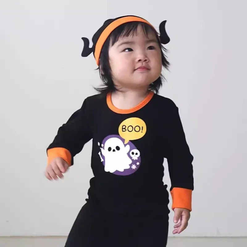 2024 coreano roupas de manga longa terno infantil roupas infantis halloween camisa base de três peças com boné conjuntos de roupas de outono