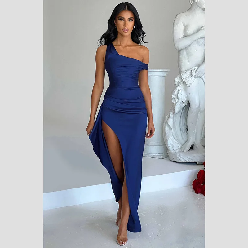 PuTao Sexy Satin Prom Dress One Shoulder Side Split Sleeveless Party Evening Gown Casual Daily Hot Girl Streetwear Robe In Stock