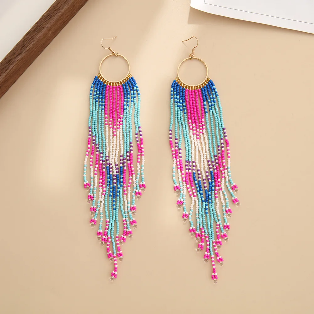 Bohemia Rice bead earrings Long phoenix tail Multiple colors Tassels Hand weaving Retro Personality Beaded earrings Simplicity