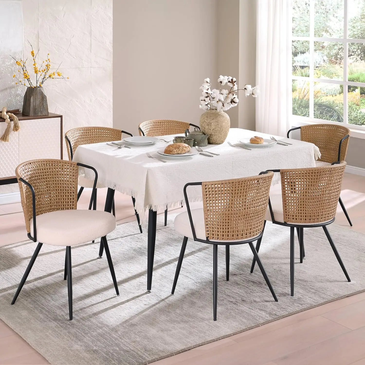 Farmhouse Rattan Dining Chair Set of 6 with Boucle Cushion, Wingback Cane Back Metal Legs Kitchen Seat for Home, Customized