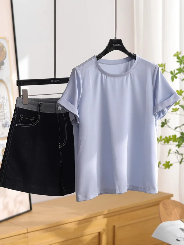 

Silk Short Sleeve T-Shirt Women's Loose Fit round Neck Pure Color Casual Style Summer Top Heavy Wrinkle 32 Mumy Blue