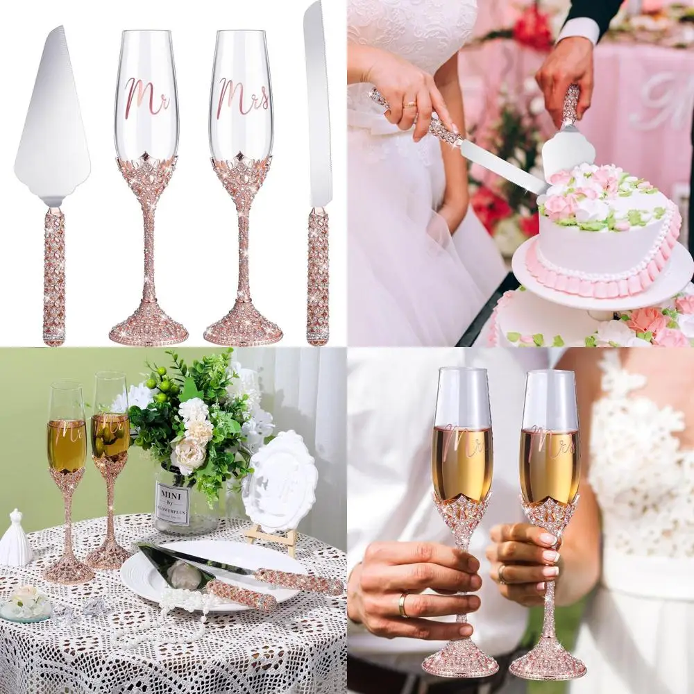 

Набор из 4 предметов: нож для свадебного торта и бокалы для шампанского с кристаллами и стразами для жениха и невесты, цвет розовое золото