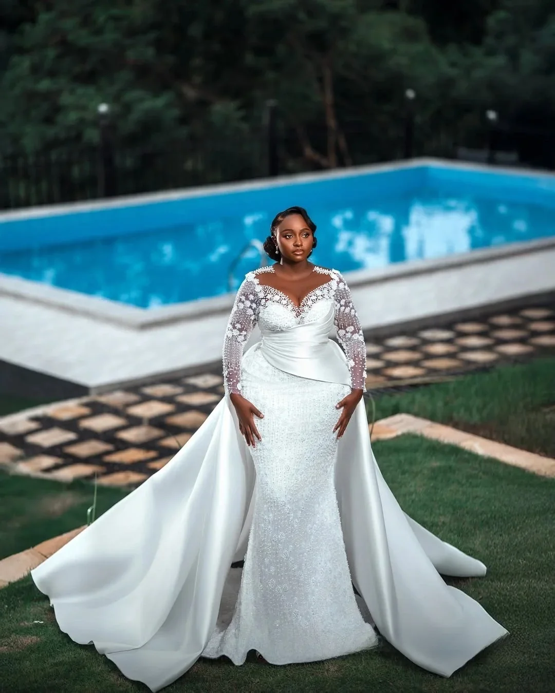 Customized Sheer Neck Sparkly  Pearls  Beads Mermaid Wedding Dress with Removable Skirt Robe De Mariée Long Sleeve  Bridal Gown