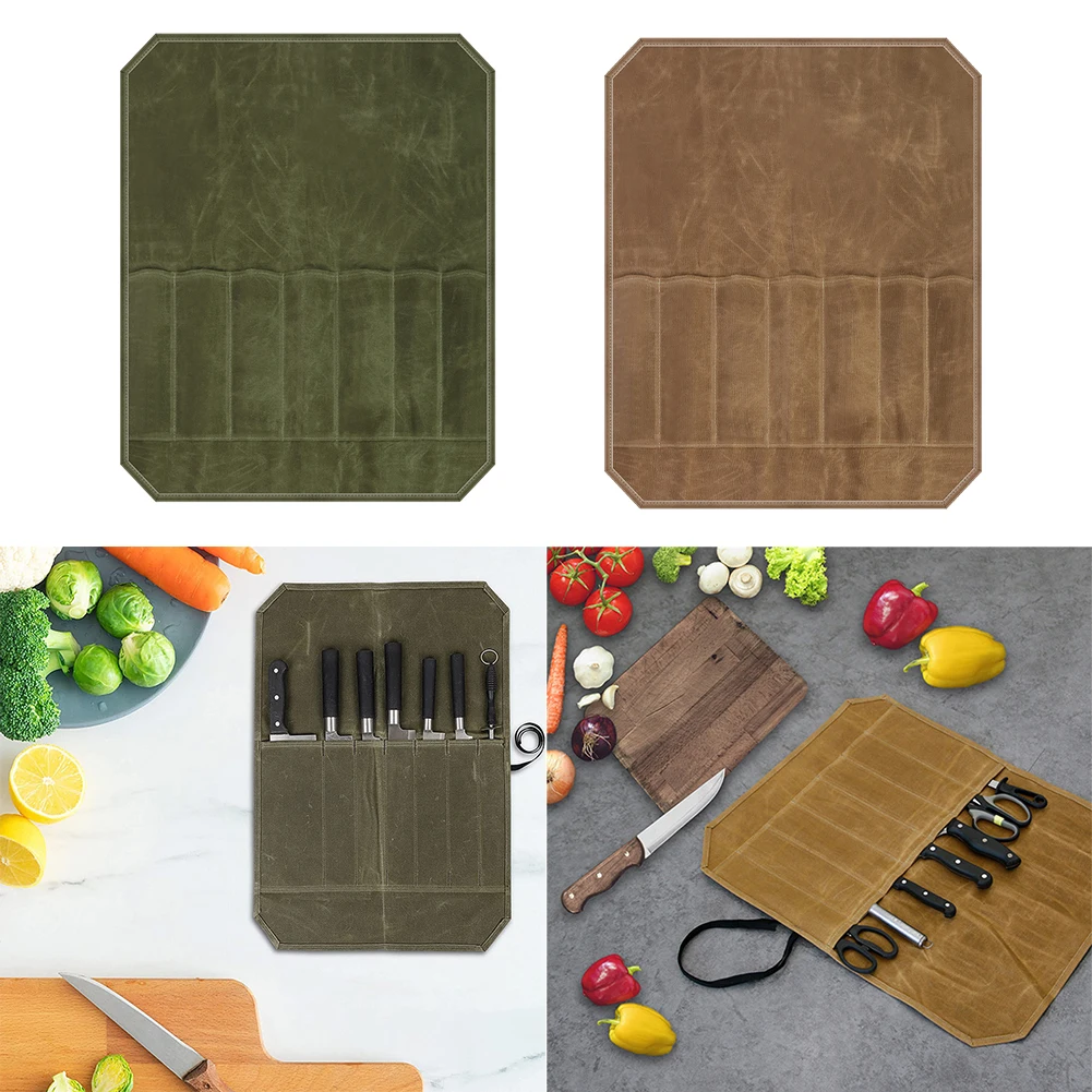 

7 Slots Wet Waxed Canvas Knife Roll Bags Portable Kitchen Storage Bag Chef Knife Bag Waterproof for Picnics Camping Barbecues