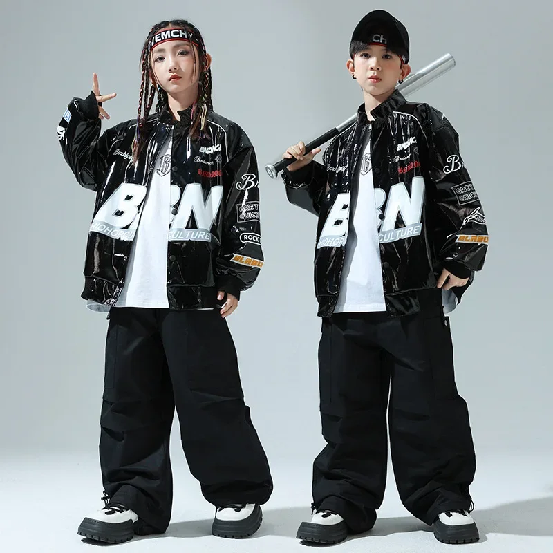 

Boys Hip Hop Motorcycle Leather Jacket Cargo Pants Girl Black Coat Street Dance Pants Kids Jazz Clothes Sets Children Streetwear