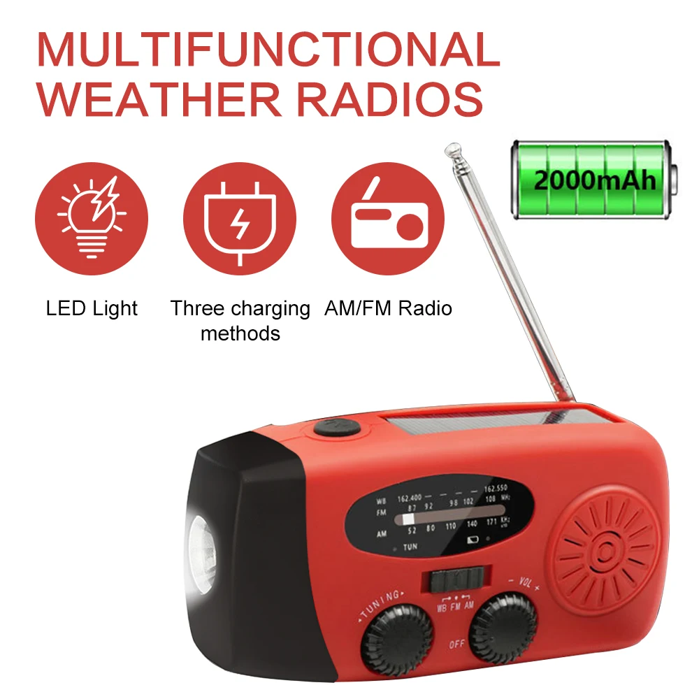 Outdoor Sports FM Radio Player 2000mAh Solar USB Hand Crank Charging Radio Player Power Bank with LED Emergency Flashlight