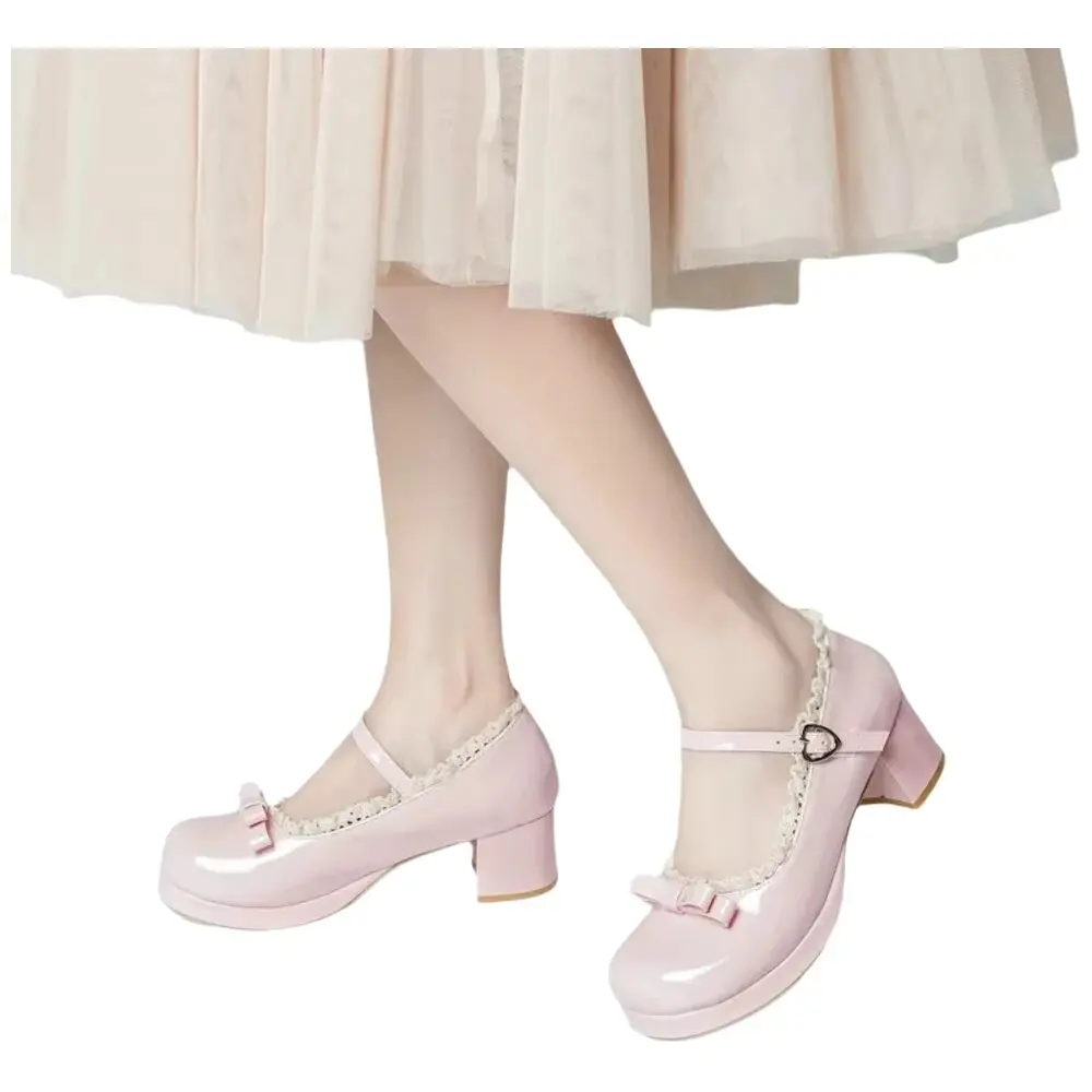 Japanese Cute Lolita Mary Jane High Heels Patent Leather Platform Chunky Heel Lace Ruffle Bow Shoes