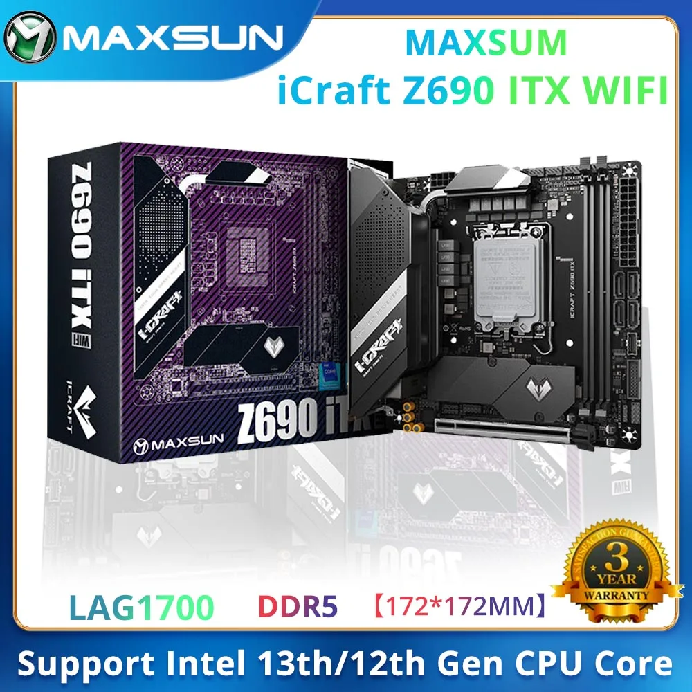 

MAXSUN Mini Motherboard MS-iCraft Z690 ITX WIFI DDR5 PCIe 4.0 SATA3.0 USB3.2 M.2 Support LGA1700 DDR5 RGB Core (12600K/12700K)