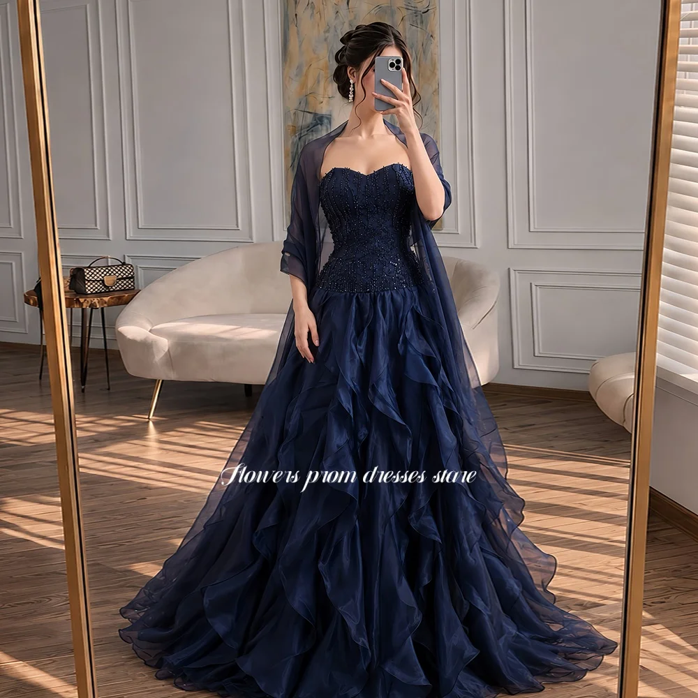 Flowers Navy Evening Dress with Lace Applique A Line Prom Dress with Cape Sleeve Princess Dress vestidos de fiesta Customized