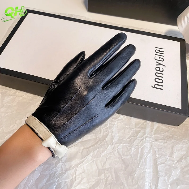 

Winter Women Sheepskin Gloves Driving Electric Bike Leather Touchscreen Light Luxury Full Finger Lambskin Fleece Lined Guants