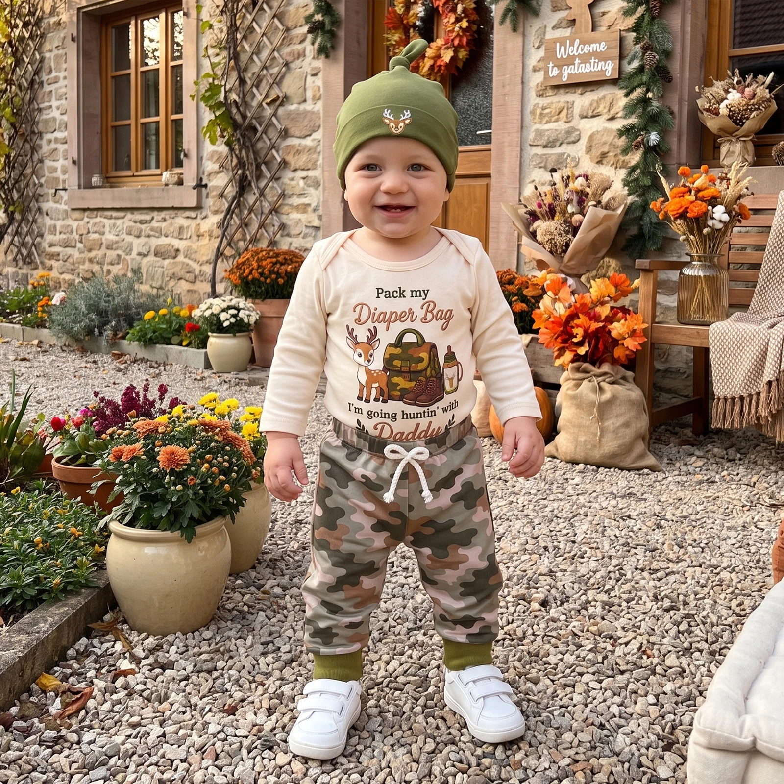Baby Fall Outfits Long Sleeve Deer Backpack Print Romper + Pants + Hat Set