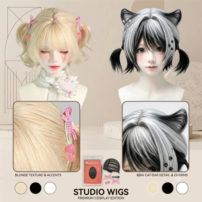 Jirai Kei Japanische Sweet Lolita Kurze Bob-Perücke Schwarz-Weiß Zweifarbig Vollperücke mit Geradem Pony im Charakter-Stil Kawaii für den Alltag