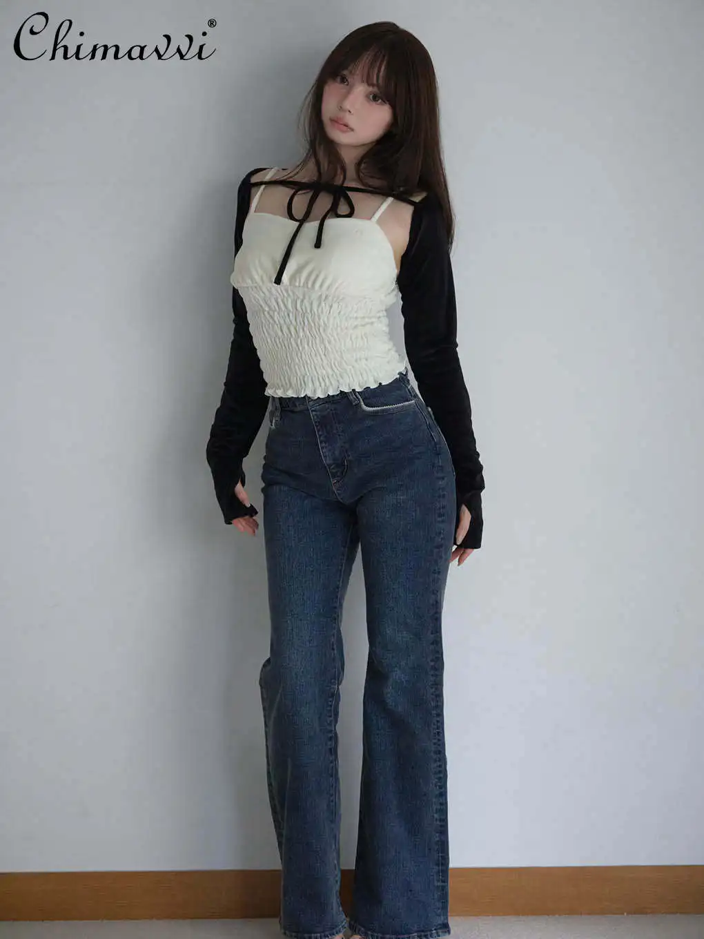 

Japanese Sweet Pure Desire Girl Slim Velvet Padded Camisole Top Long Shawl Two-Piece 2025 Autumn New Fashion Slim Outerwear Top