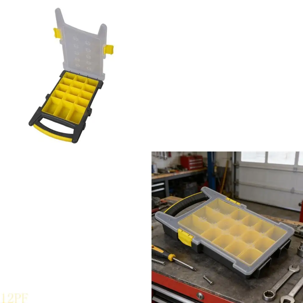 12PF Stackable Plastic Tool Case Feature 14 Individual Compartments And Clear Cover Perfect For Mechanics And Technicians