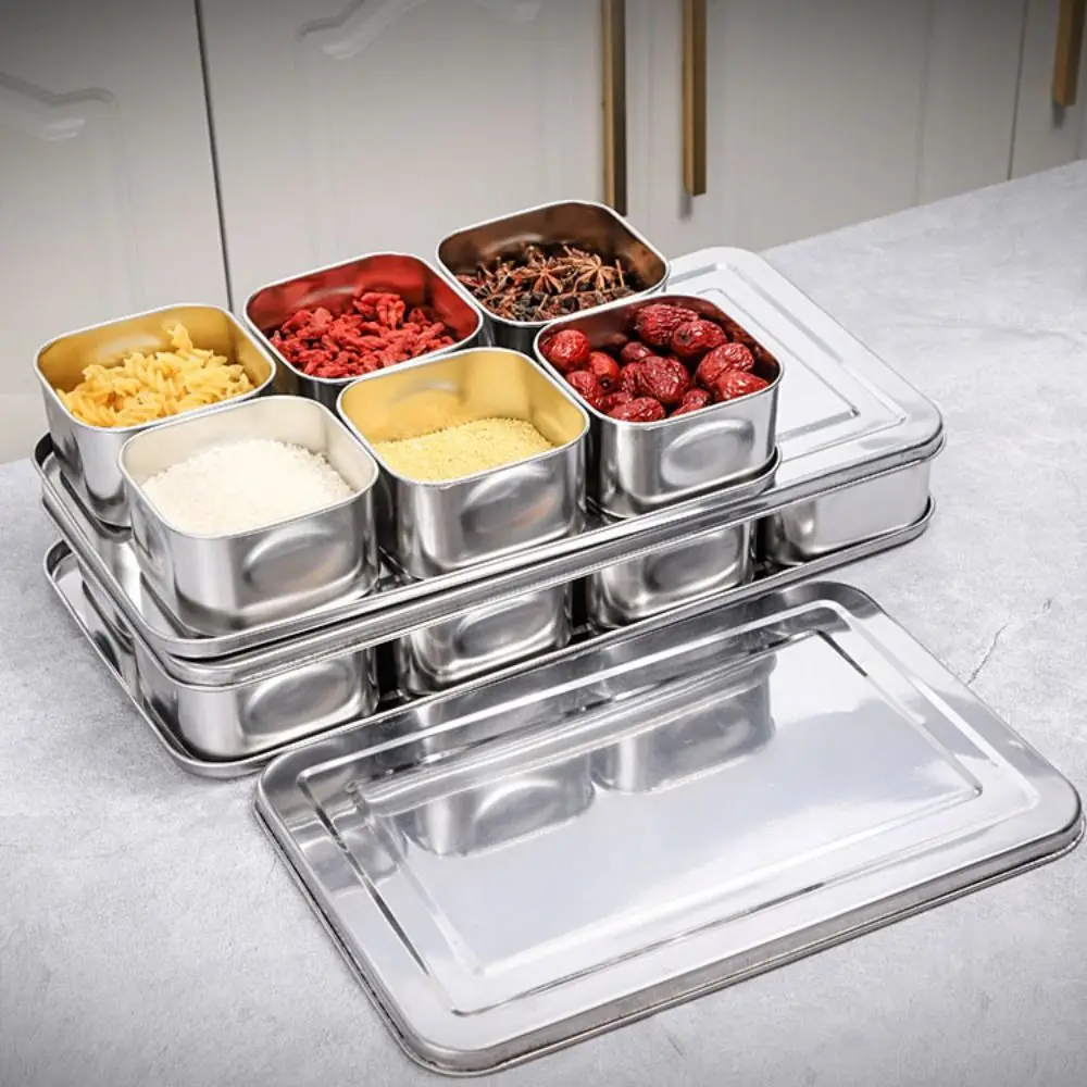 

6/8 Grid Seasoning Storage Box Stainless Steel Rust-proof Food Preparation Box Durable Rectangular Dessert Ingredient Box