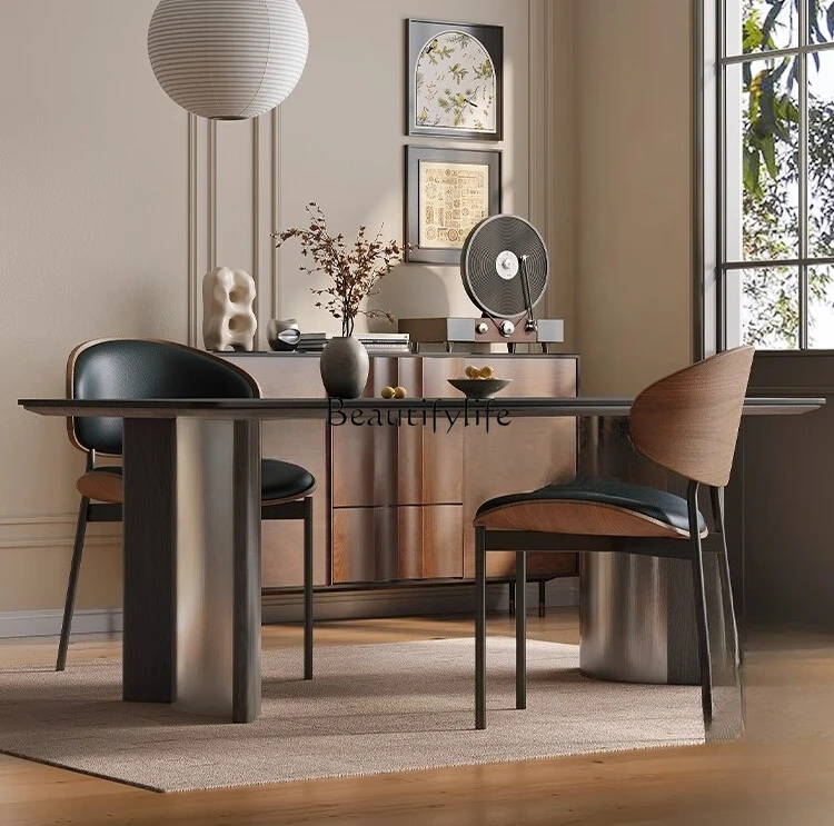 Solid wood rock slab dining table household small apartment light luxury black rectangular dining table