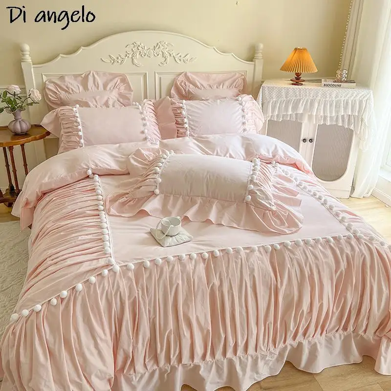 Princess Style Ruffled Bedding Set, Pure Cotton, High End, Wedding Gift, RU, Europe, Queen Duvet Cover, Sheet, Flat Sheet, #/L