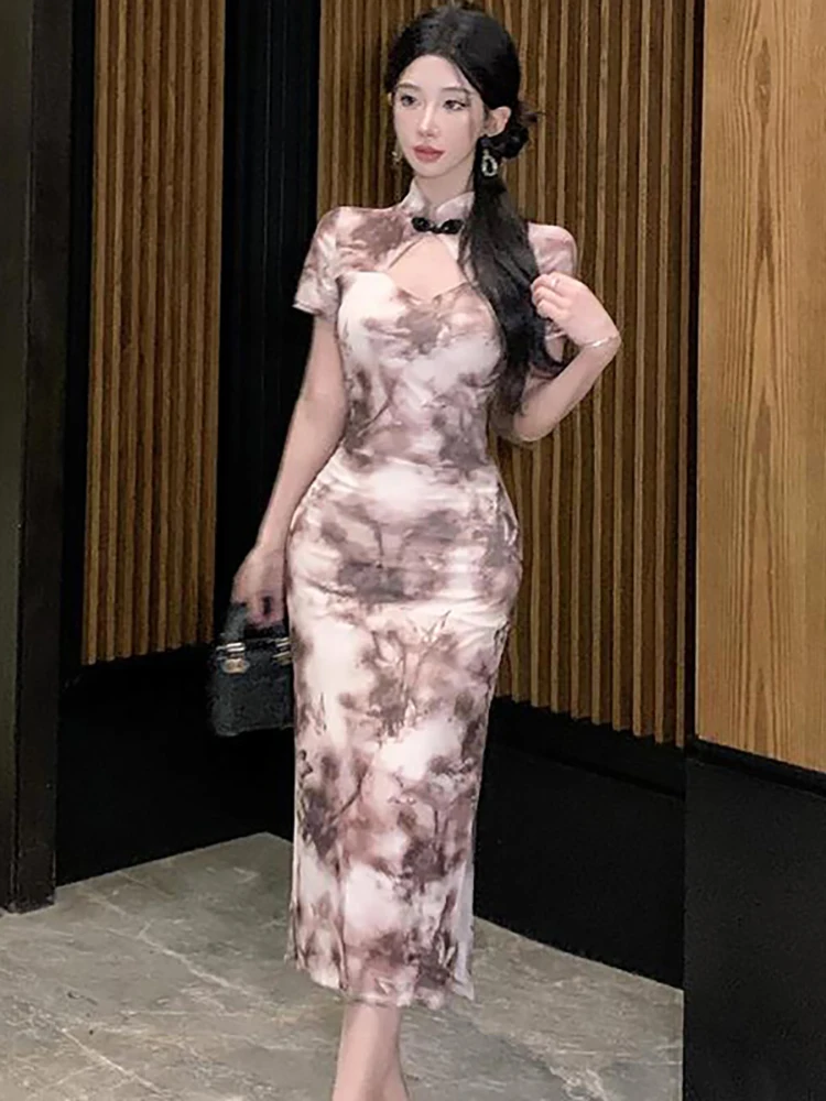 

Летнее розовое сетчатое плиссированное облегающее платье Cheongsam, женское повседневное платье миди с коротким рукавом, 2025 корейские винтажные вечерние платья