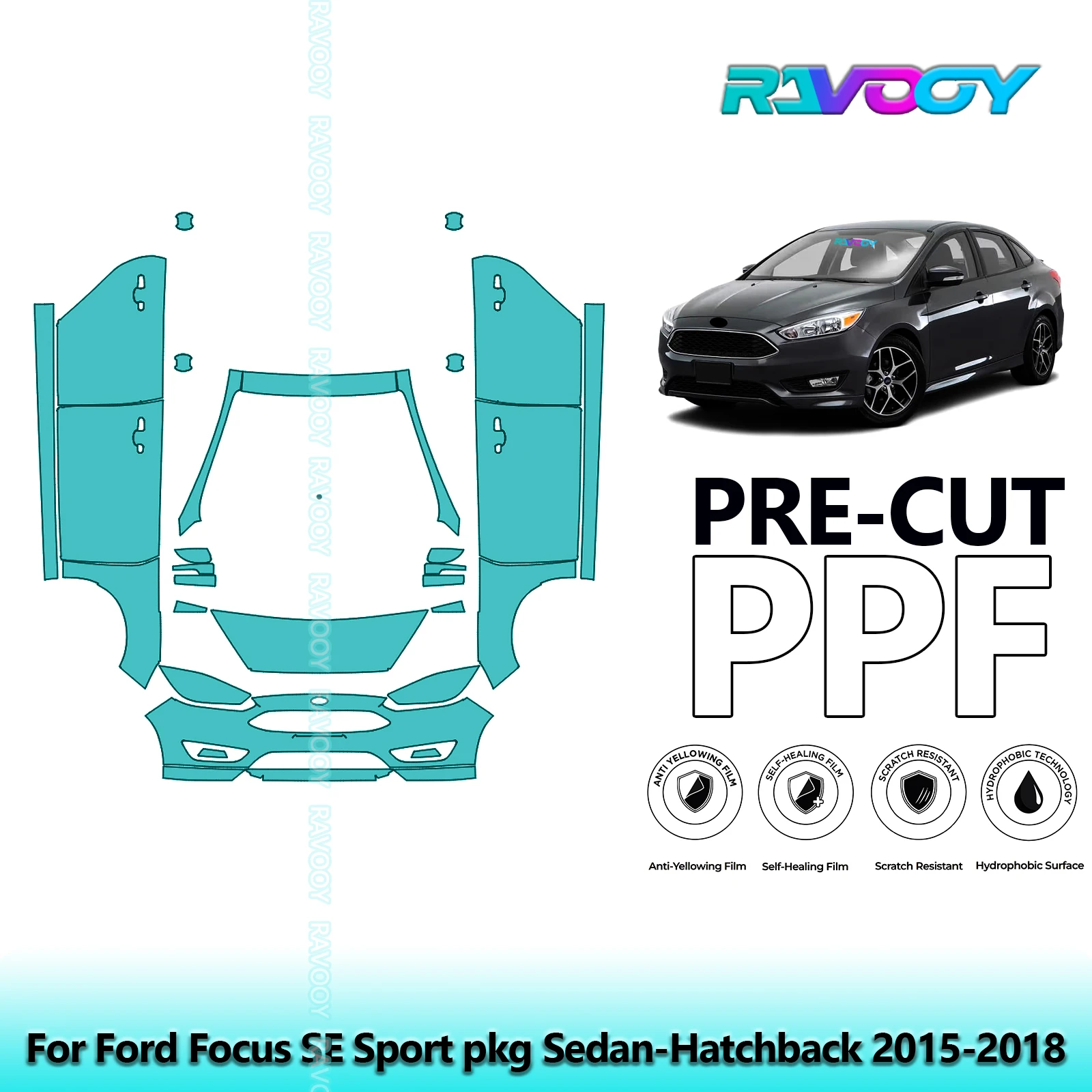 

8.5Mil Precut Paint Protection Film PPF Clear Bra Front Kit+Doors For Ford Focus SE Sport pkg Sedan-Hatchback 2015-2018