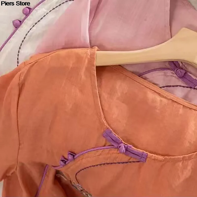 New Luxury Embroidery Floral Tees Women Chinese Style Classic Loose Shirts Casual Vintage O Neck Short Sleeve Summer Blouse Top