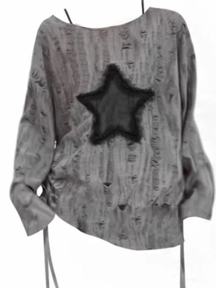 

Y2K Vintage Off Shoulder T-Shirt Women Fashion Streetwear Design Star Print Tops Autumn Long Sleeve Loose Ladies Clothing New