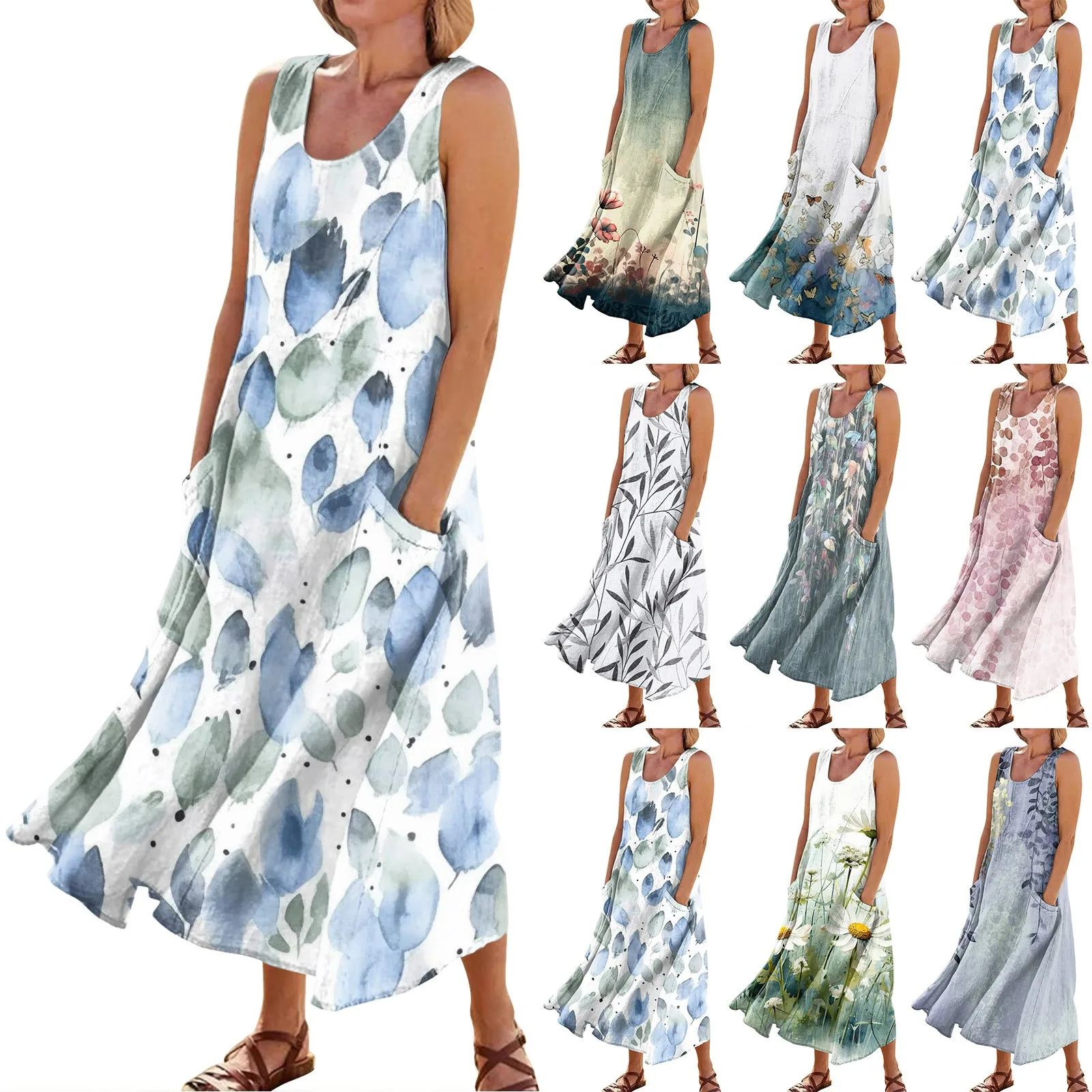 Women\'S Casual And Comfortable Floral Printed Sleeveless Pocket Dress Vestidos Verano Moda 2024 Vestidos Elegantes Para Mujeres