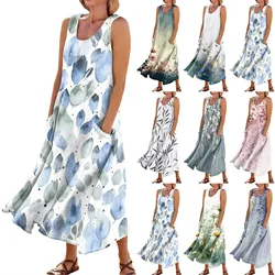 Women'S Casual And Comfortable Floral Printed Sleeveless Pocket Dress Vestidos Verano Moda 2024 Vestidos Elegantes Para Mujeres