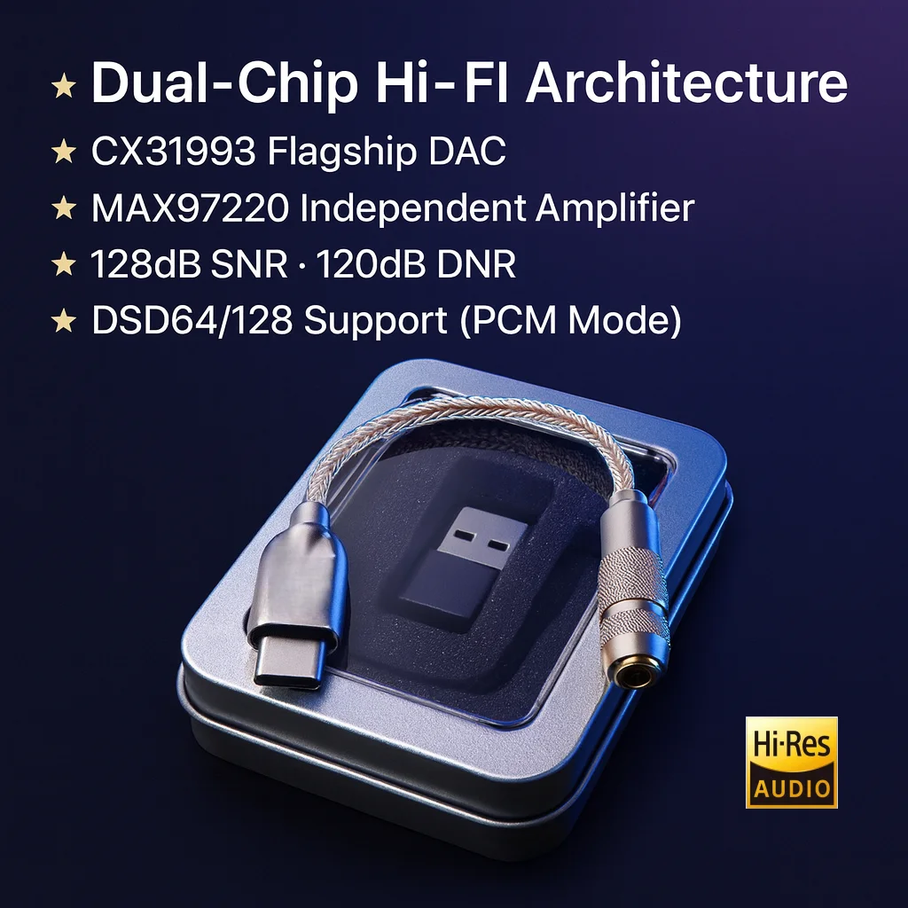 Winter USB-C to 3.5mm Hi-Fi Converter | 8-Core Silver Hybrid Cable | CNC Metal Housing | Dual-Chip DAC AMP