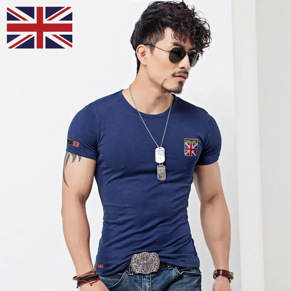 New Arrival Flag T Shirt Men Summer Fashion British Flag Embroidered Men Fit Round  Neck T Shirt Brand Men Cotton Funny T Shirts