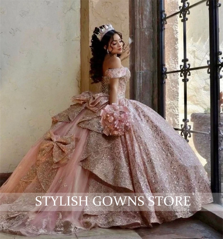 Champagne Rose Gold Off The Shoulder Ball Gown Quinceanera Dresses For Girls Beaded Birthday Party Gowns Lace Up Back Customized