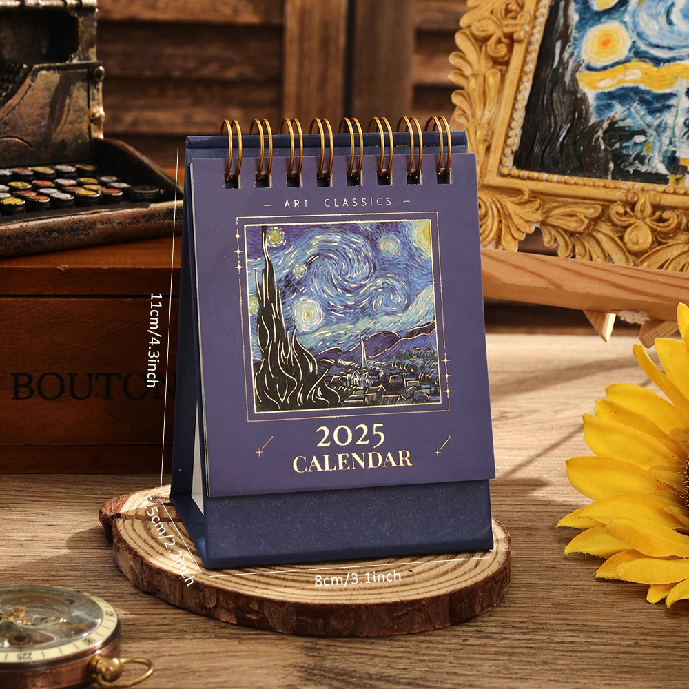 1 pc 2025 Vintage Mini Bronzing Painting Desk Calendar Tabletop Flip Monthly Calendar Student Notepad Schedule Planner Calendar