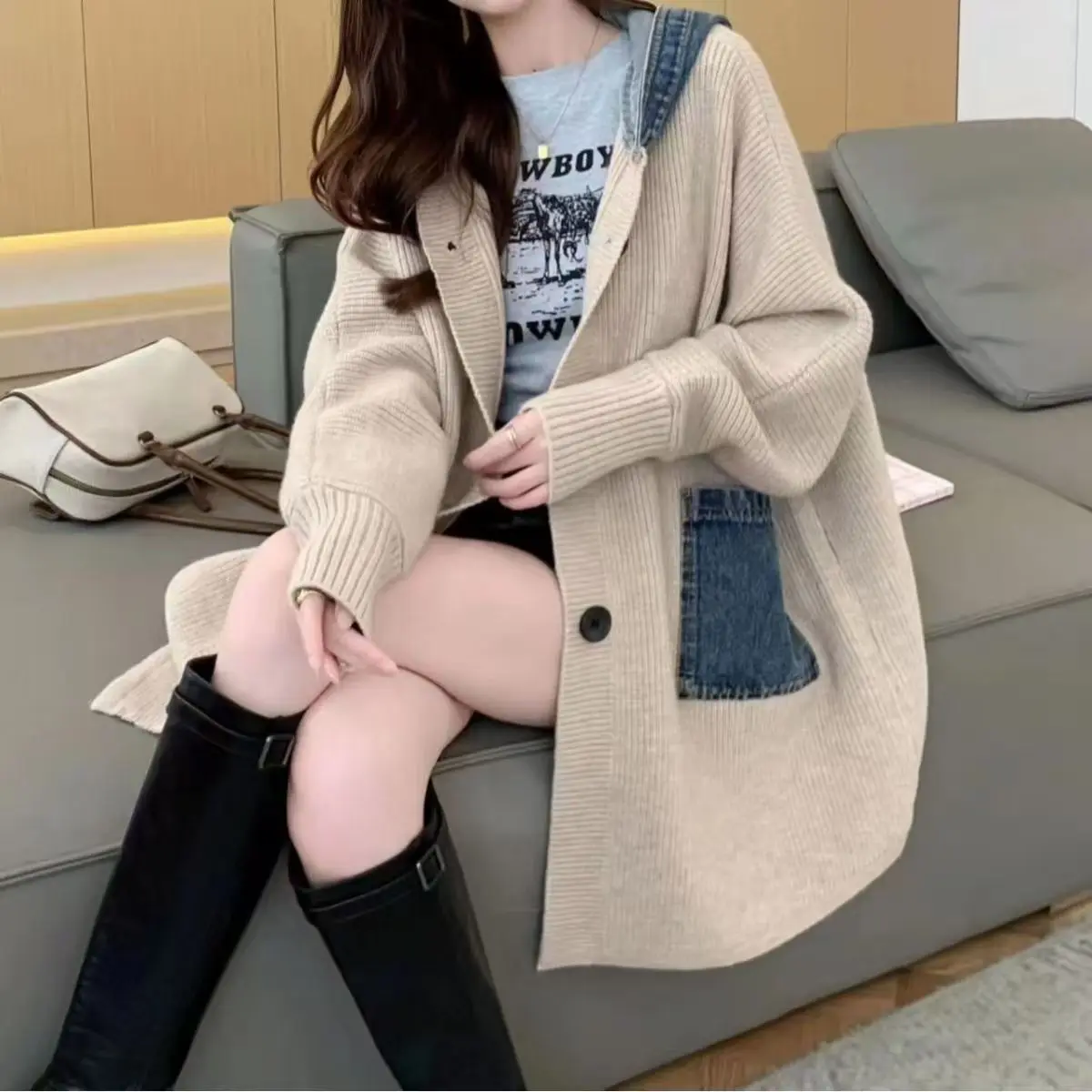 

High Quality Sweater Coat Female 2026 Spring Autumn Winter New Knitwear Hooded Denim Stitching Cardigan Jacket Fashion Long Top