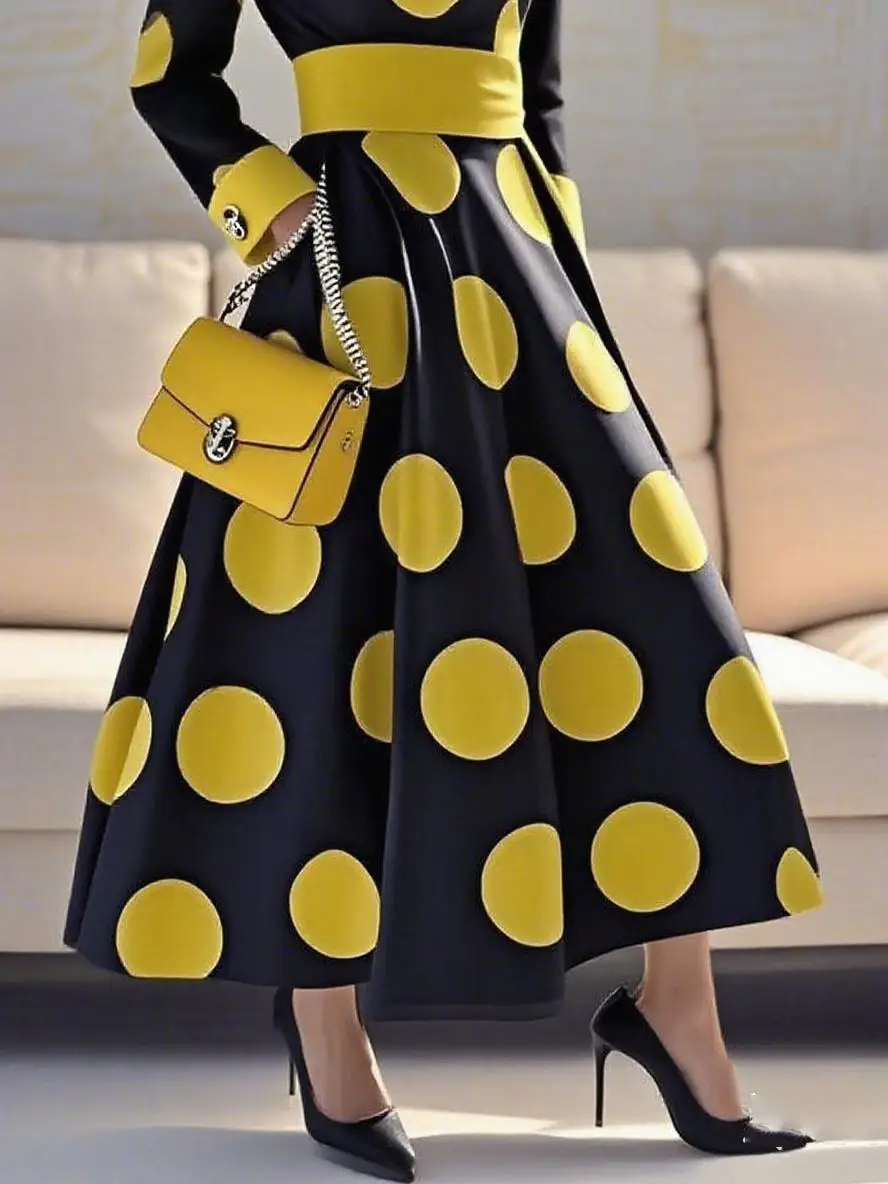 Modigirl レディース 1950年代 ヴィンテージ 水玉模様 オードリー風 ロングドレス 2025年秋 長袖 パーティー カクテル エレガント マキシドレス
