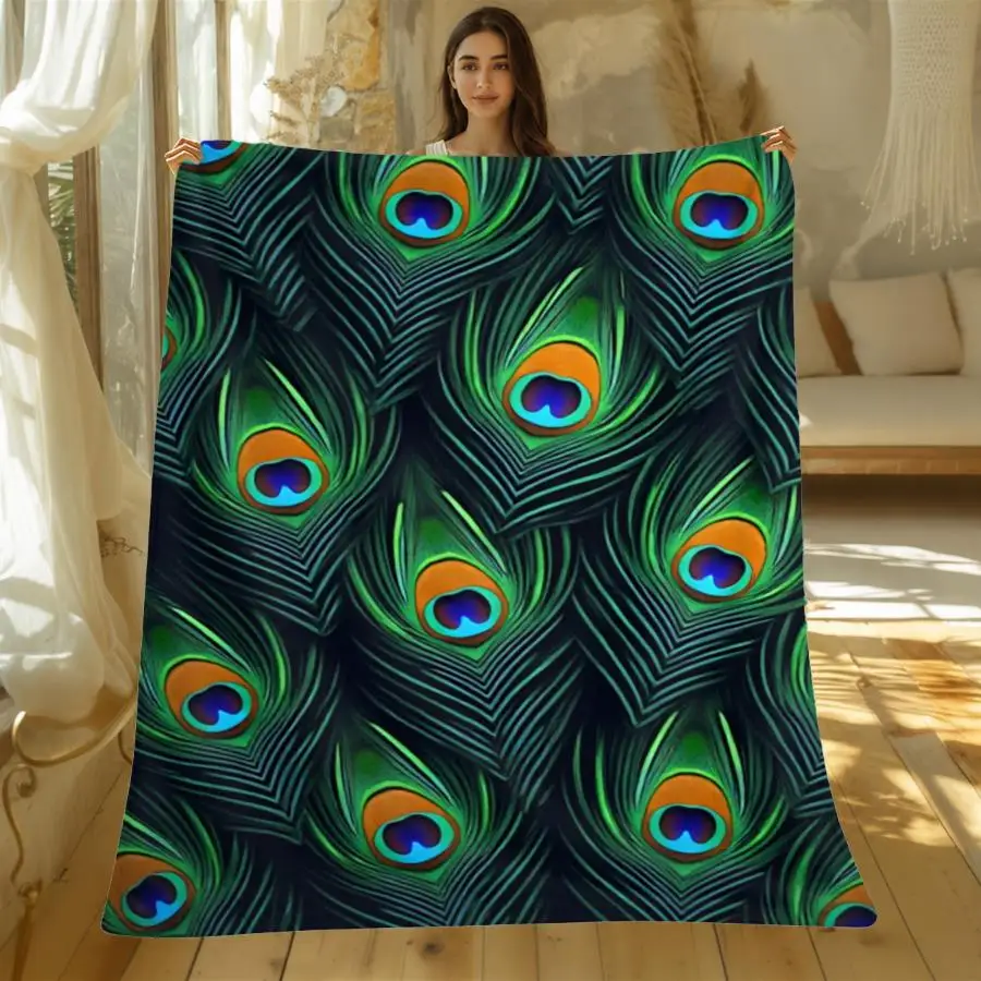 1pc Premium 280GSM Flannel Blanket with Vibrant Peacock Feather Print, Warm Decorative Throw for All Seasons, Perfect As Home Decoration And Holiday Gift Choice