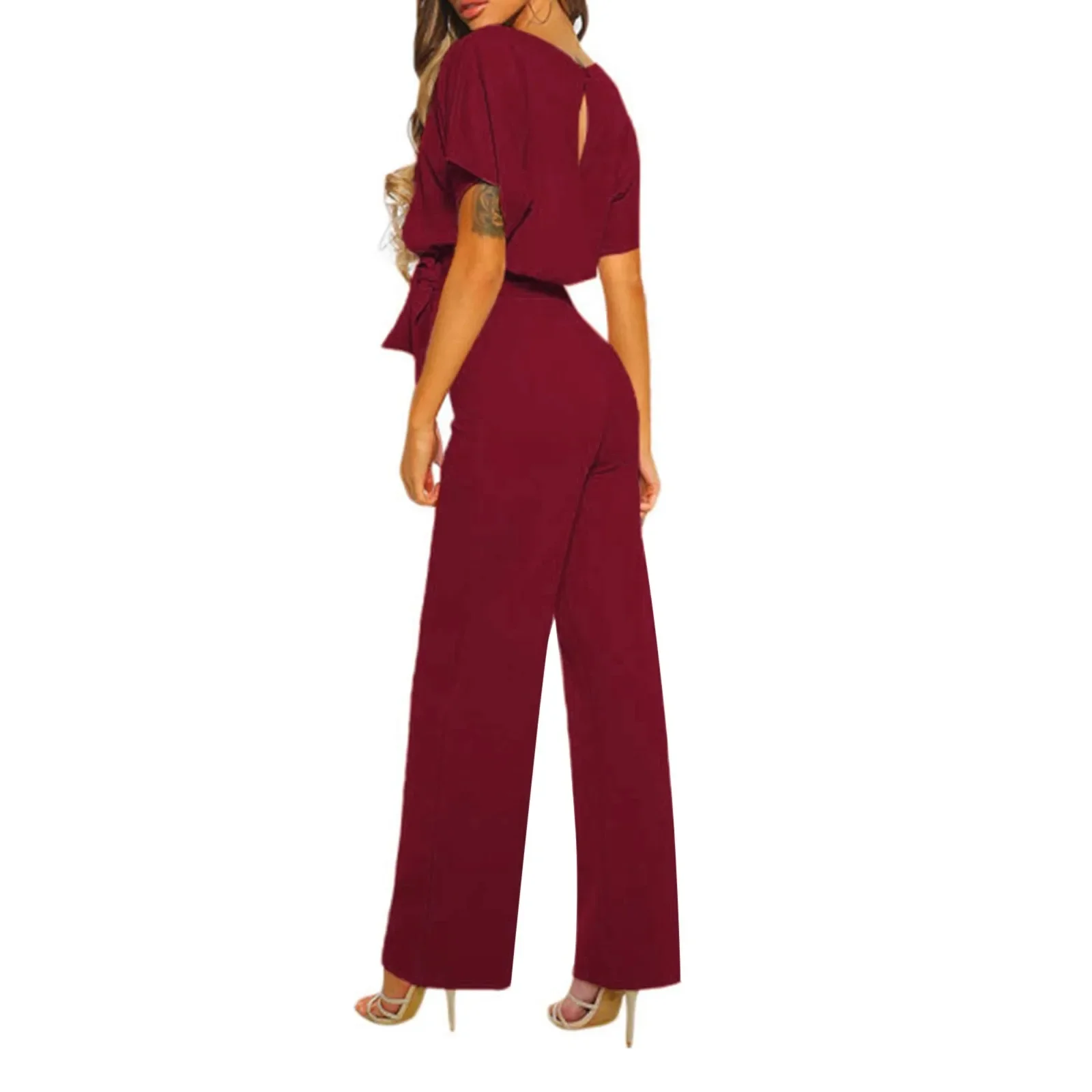 Jumpsuit Met Veters Hoge Taille, Elegante Dames Effen Kleur Romper Met Rechte Benen Mode Jumpsuit Met Korte Mouwen En Ronde Hals Voor Dating