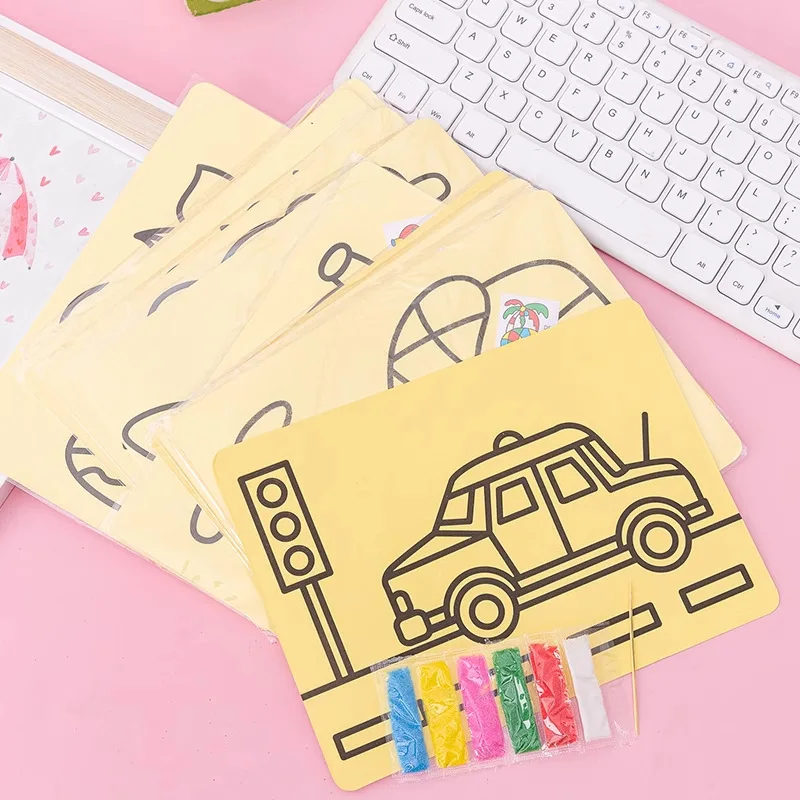 1pcs เด็กภาพวาดทรายชุดเด็ก DIY Handmade สีทรายอนุบาลการ์ตูนปริศนาของเล่น