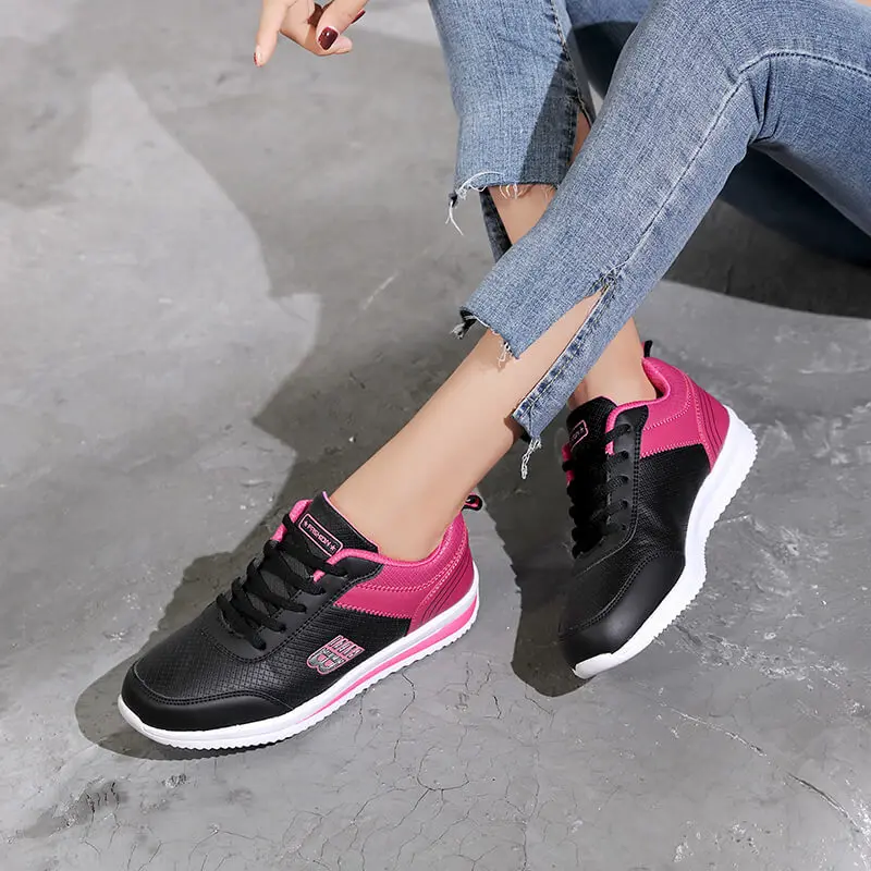 Women\'s Casual Breathable Mesh Running Shoes Women Autumn Fashion Leather Waterproof Sports Shoes Trainers Non-slip Tennis Shoes