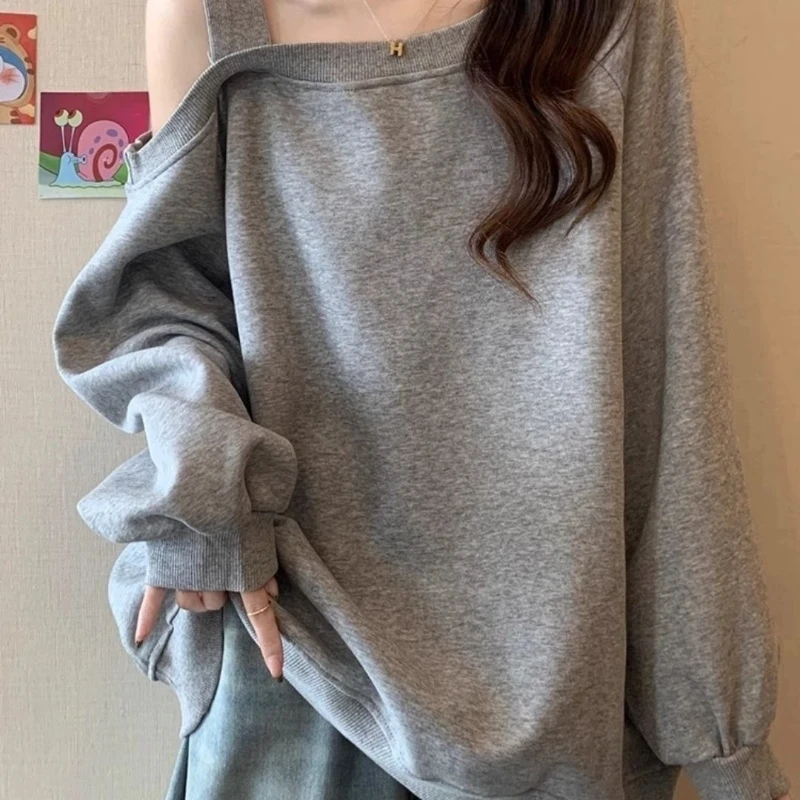 Lazy Simplicity Off Shoulder Loose Solid Hoodies Sweatshirts Spring Autumn Long Sleeve Casual Tops Fashion Korean Women Clothing