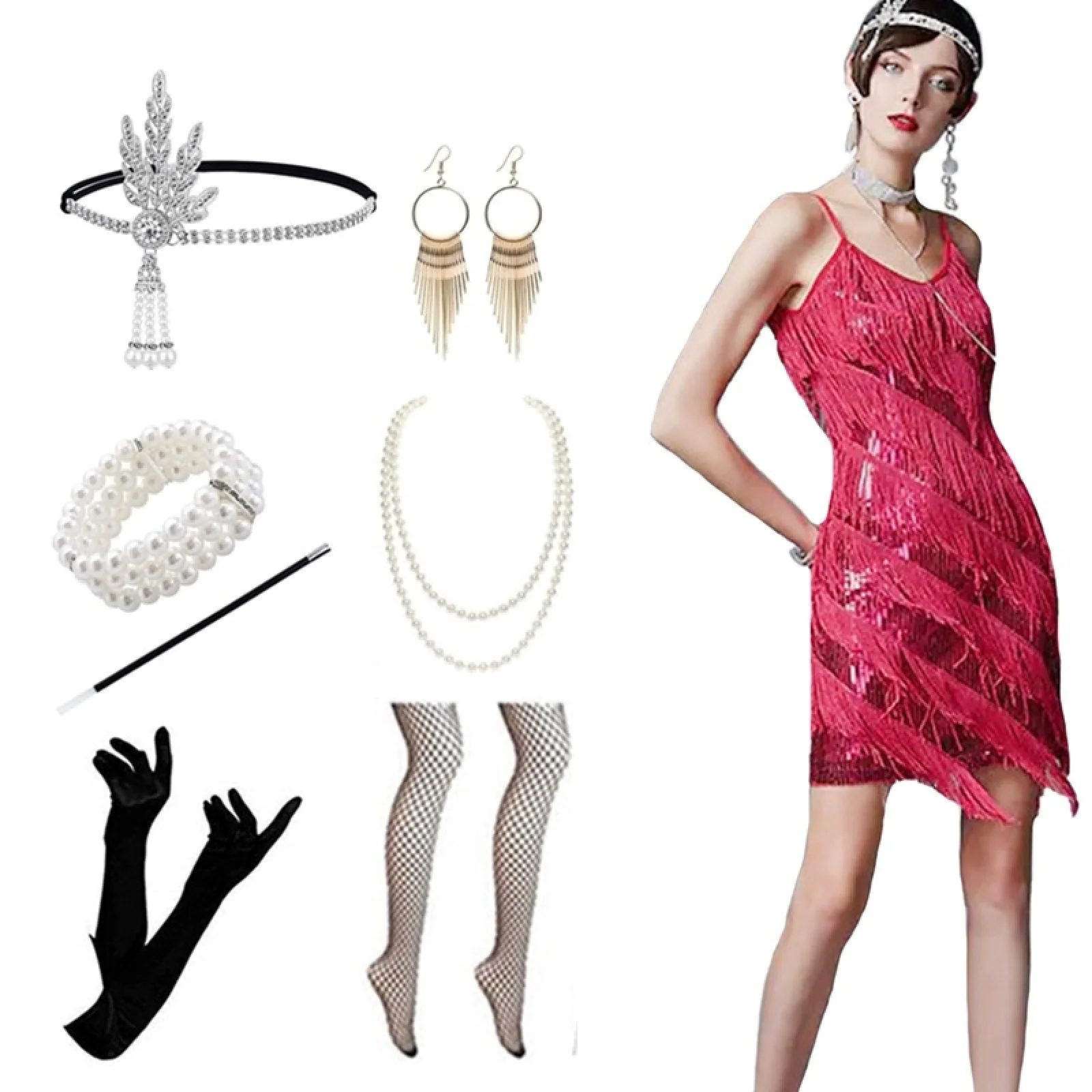 Womens 1920s Cosplay Dresses Tassels Straps Dress Cocktail Party Fringed Costume Flapper Dresses With Headband Accessories