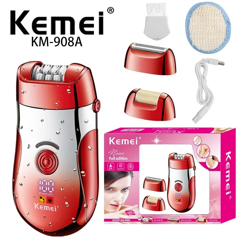 Kemei Km-908A Woman Hair Remover Razor Usb Rechargeable 3 In 1 Women Hair Removal Electric Razor For Hair Removal