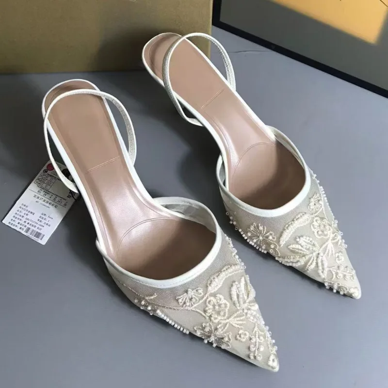 High Heels Women Sandals Vintage Embroidered Mesh White Pointed Toe Stiletto 2025 Summer Elegant Wedding Bridal Female Shoes