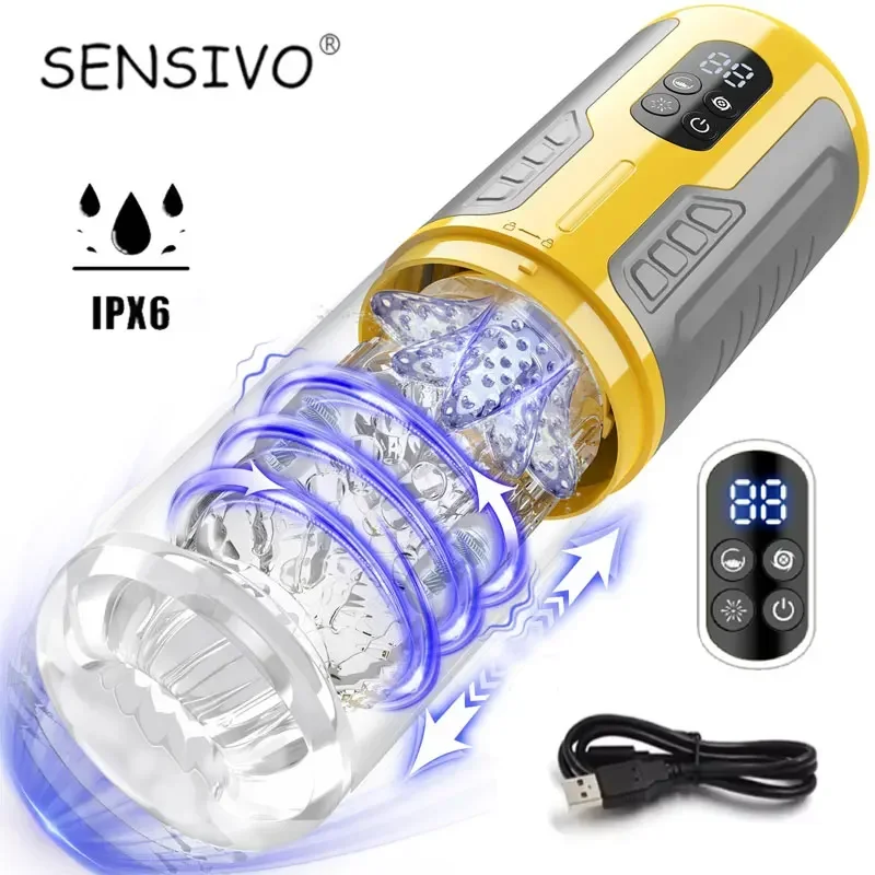 LCD Automatic Male Masturbators 7 Thrusting & Rotating Licking Pocket Pussy Stroker One-Click Burst Penis Pump Sex Toy for Men