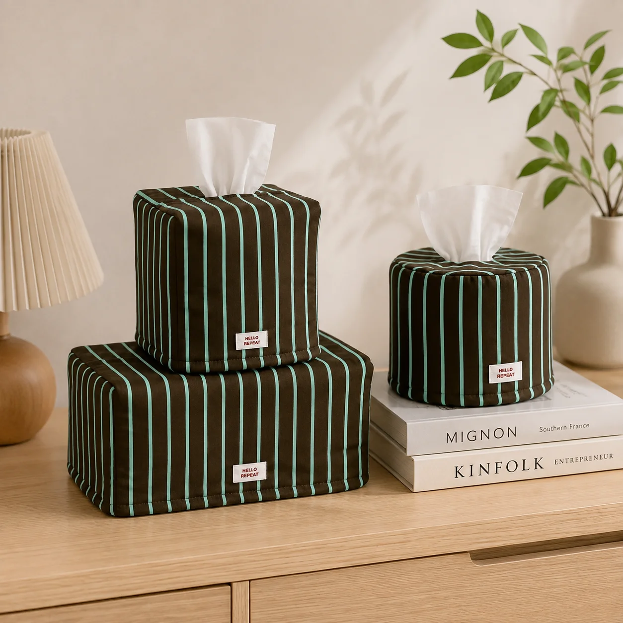 3-piece Set Tissue Box Cover Portable Fabric Storage Bag Striped Rectangular Tissue Case Living Room Kitchen Napkin Organizer