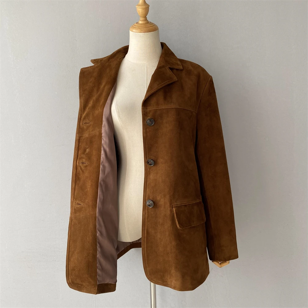 Jxwatcher Damen-Jacke aus echtem Wildleder, 2025, Frühling und Herbst, modischer, übergroßer Leder-Blazer, hochwertiger Wildleder-Anzug mit Oberschicht